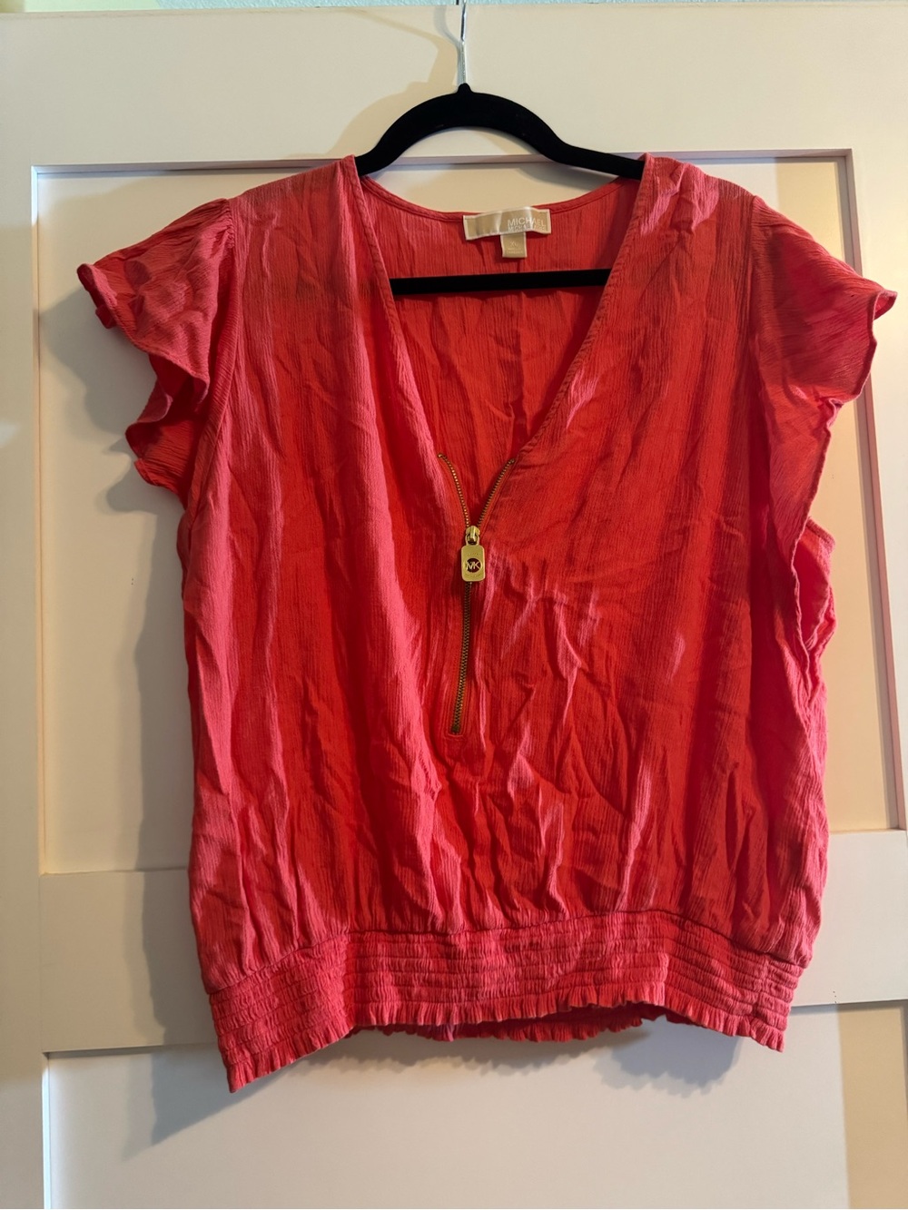 Michael Kors Coral Pink Short Sleeve V-Neck Zip Top